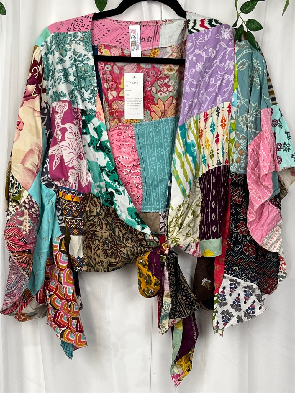 India Boutique Crop Top Free Size Patchwork Colorful Wide Sleeves Waist/Tie NWT